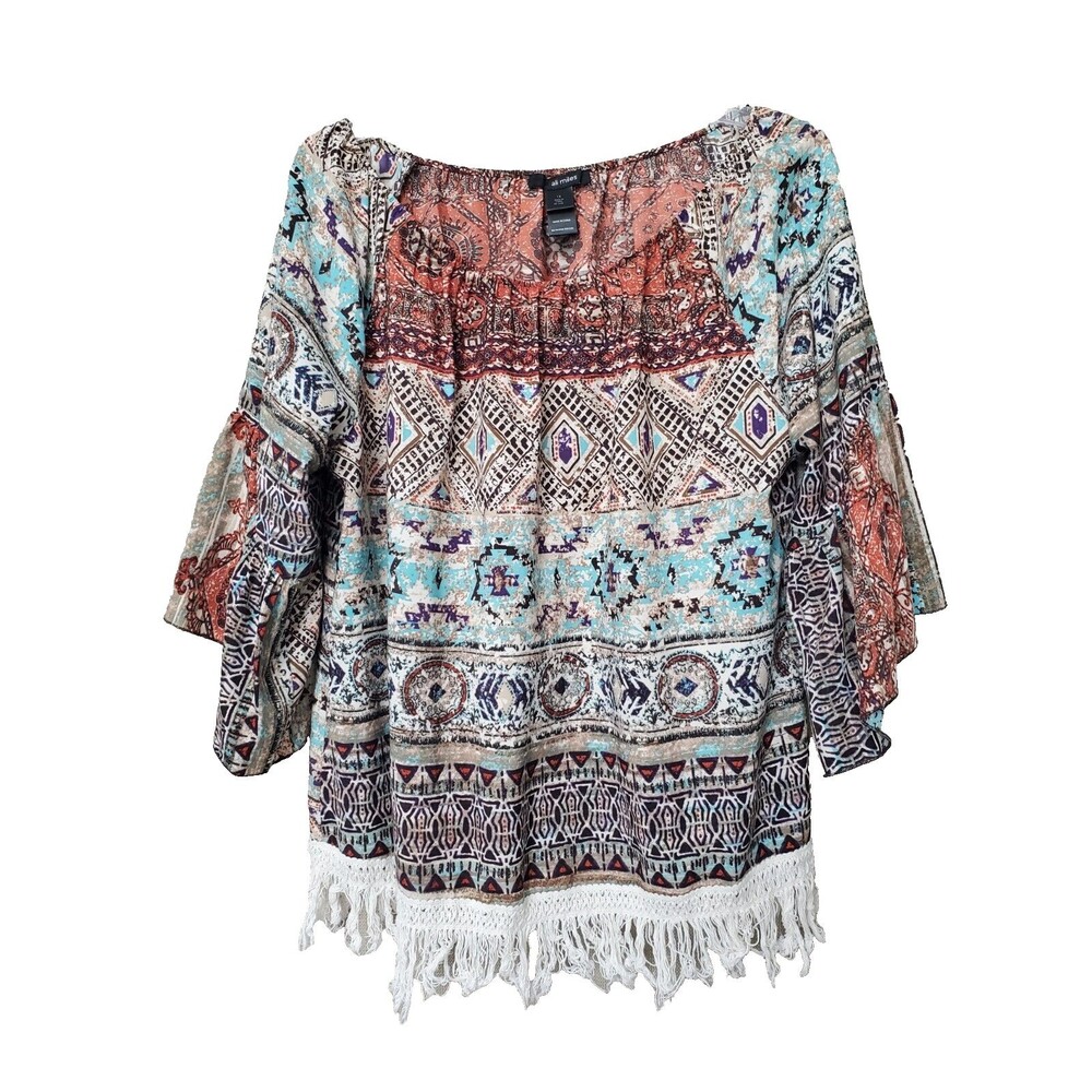 Ali Miles Aztec Print Fringed Bell Sleeve Peasant Top Size 1X Boho